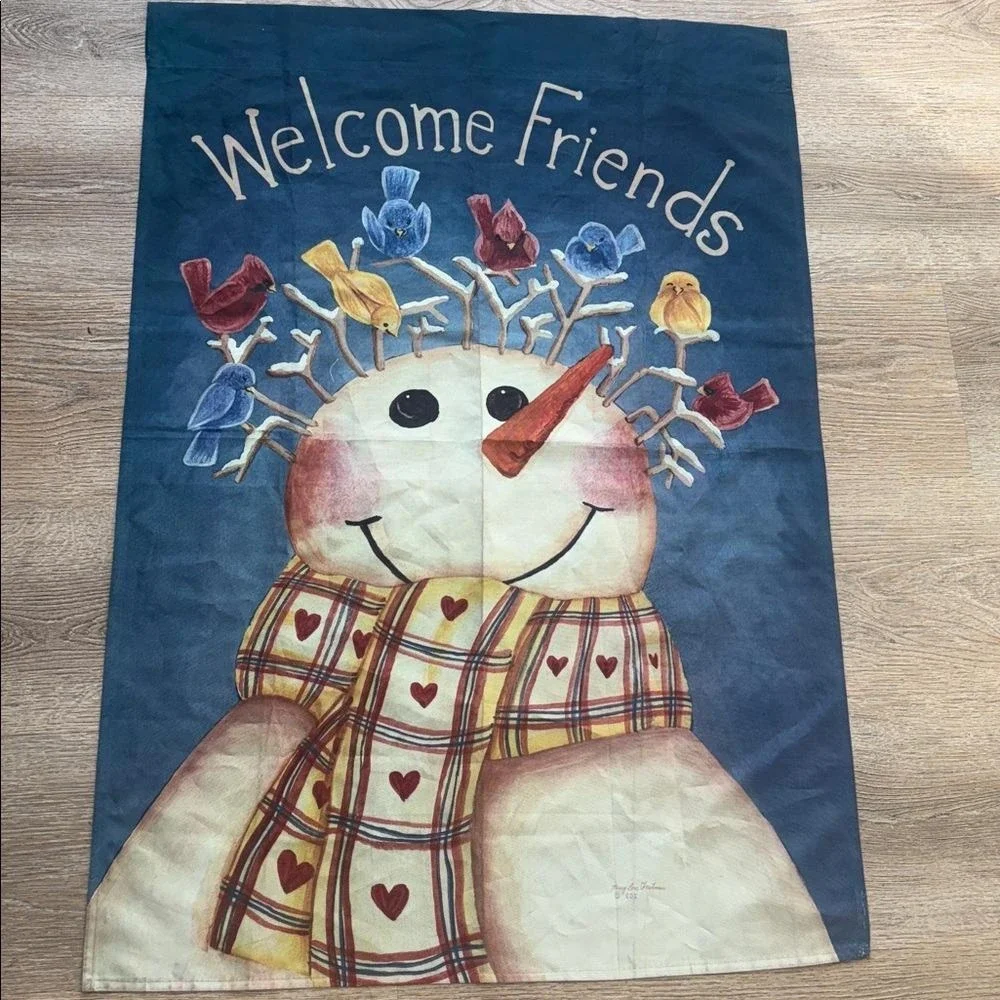 Custom Decor Mary Ann June Welcome Friends Oversized Snowman Flag 39x28‎